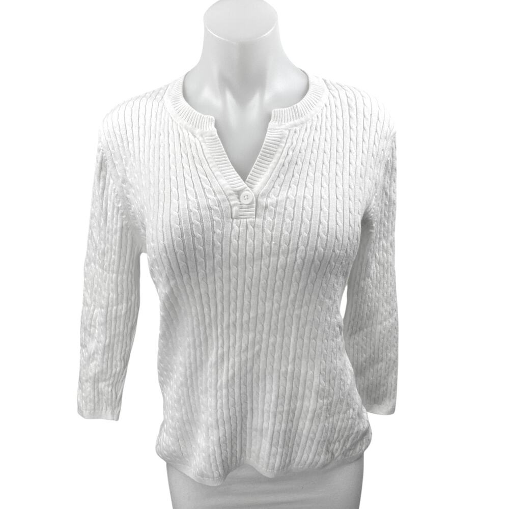 Croft & Barrow Womens White Cable Knit Split Neck 3/4 Sleeve Sweater Top Size M